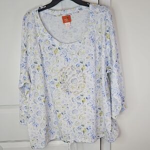 Hearts of Palm White and Blue Patterned Long Sleeve Top
